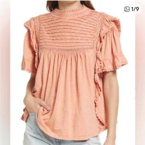 Free People peach Le Femme ruffle crochet lace cotton blouse sz s